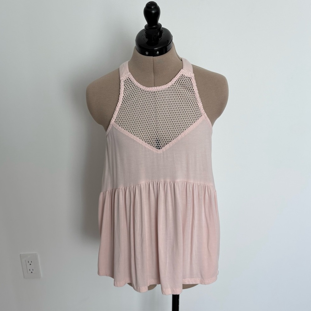 POL Womens Tank Top Size Medium Baby Pink Supet Soft Netting Top Tiered Flowy